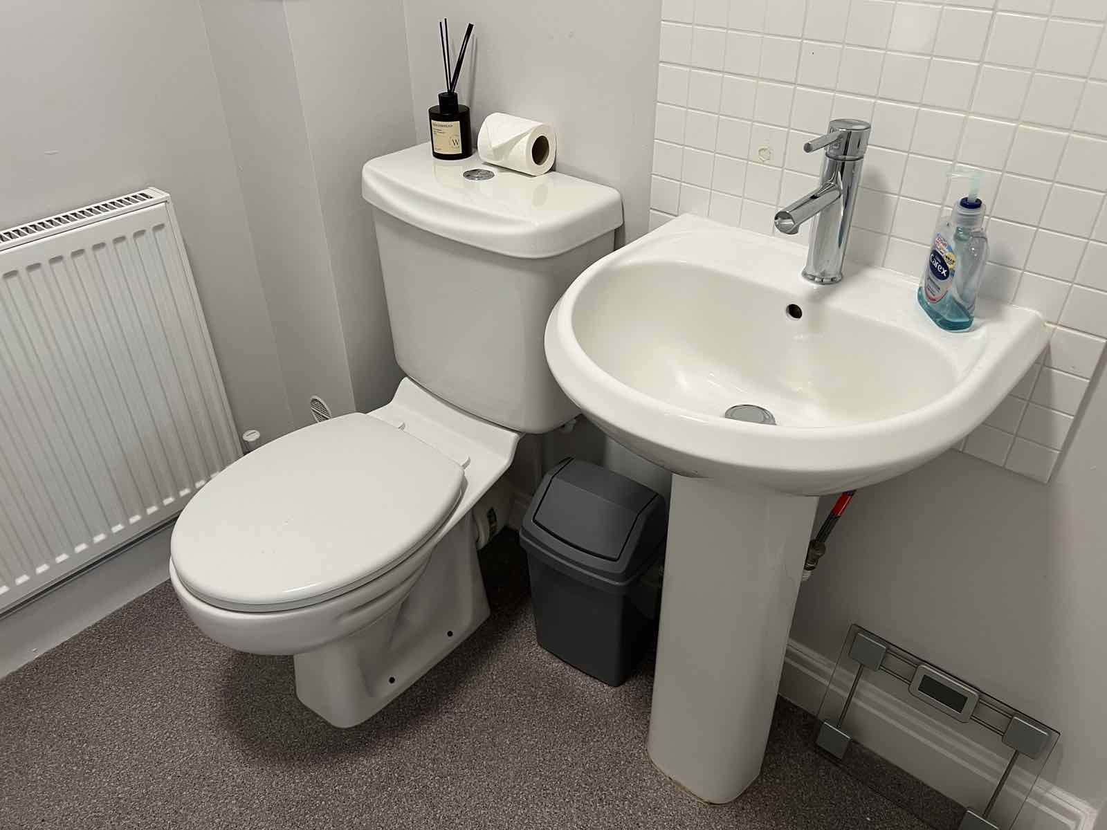 Tidied cloakroom toilet and sink after a clean