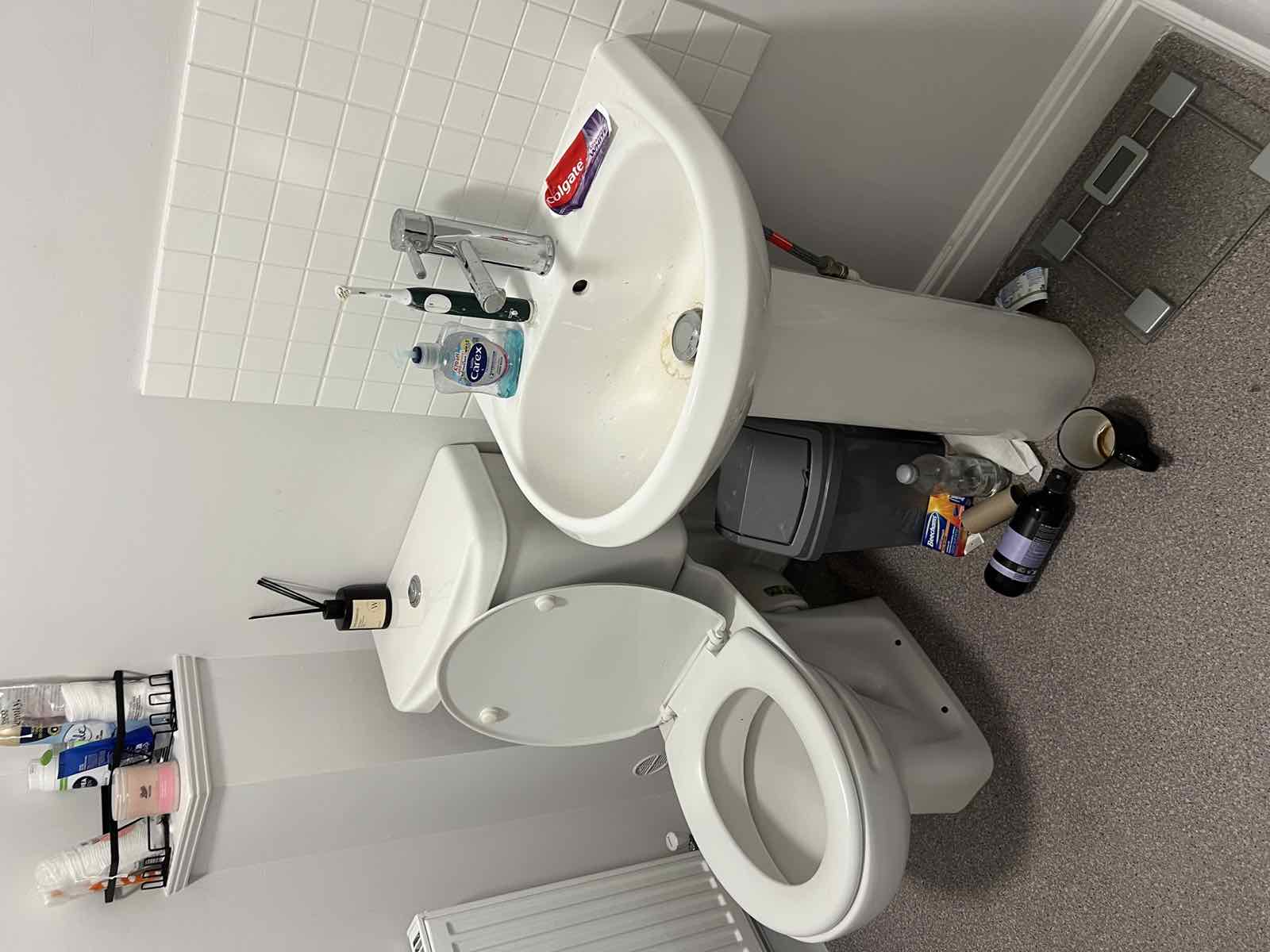 Cloakroom toilet and sink with clutter before a clean